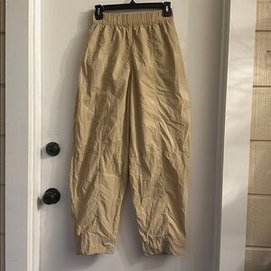 Ganni Cotton Crepe Curve Pants khaki tan Pull-On Elastic Waist Barrel Leg ‎34/2